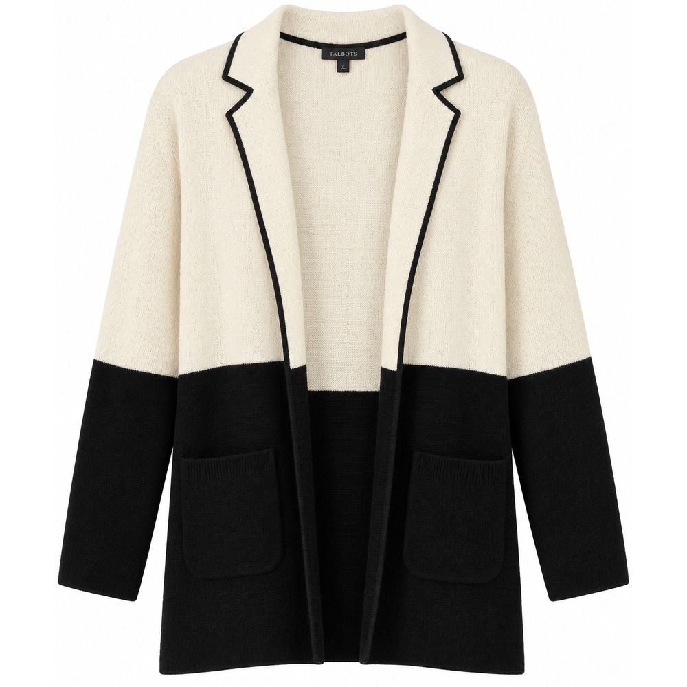 Talbots NWT Wool Viscose Blend Black White Old Money Minimalist Cardigan Size S